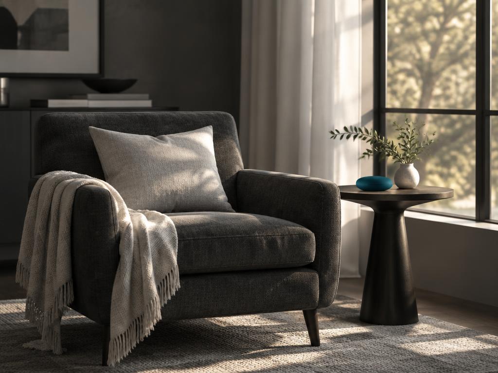 Sala acogedora con butaca vacía y luz de tarde