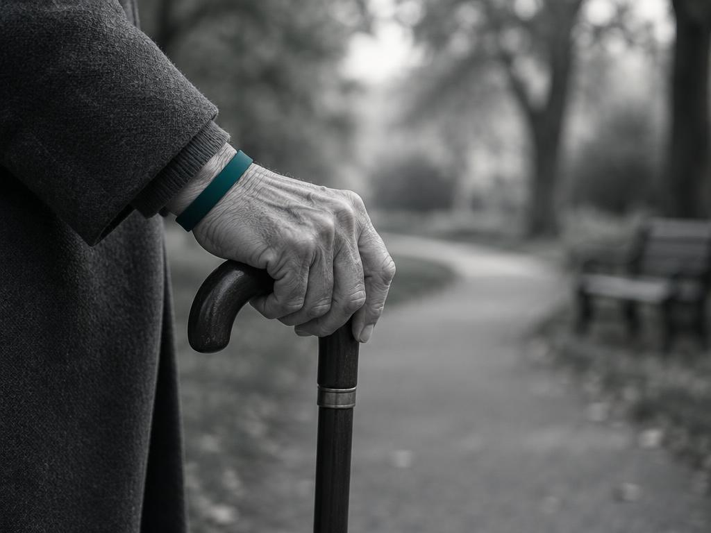 Mano de un adulto mayor apoyada en un bastón en un parque
