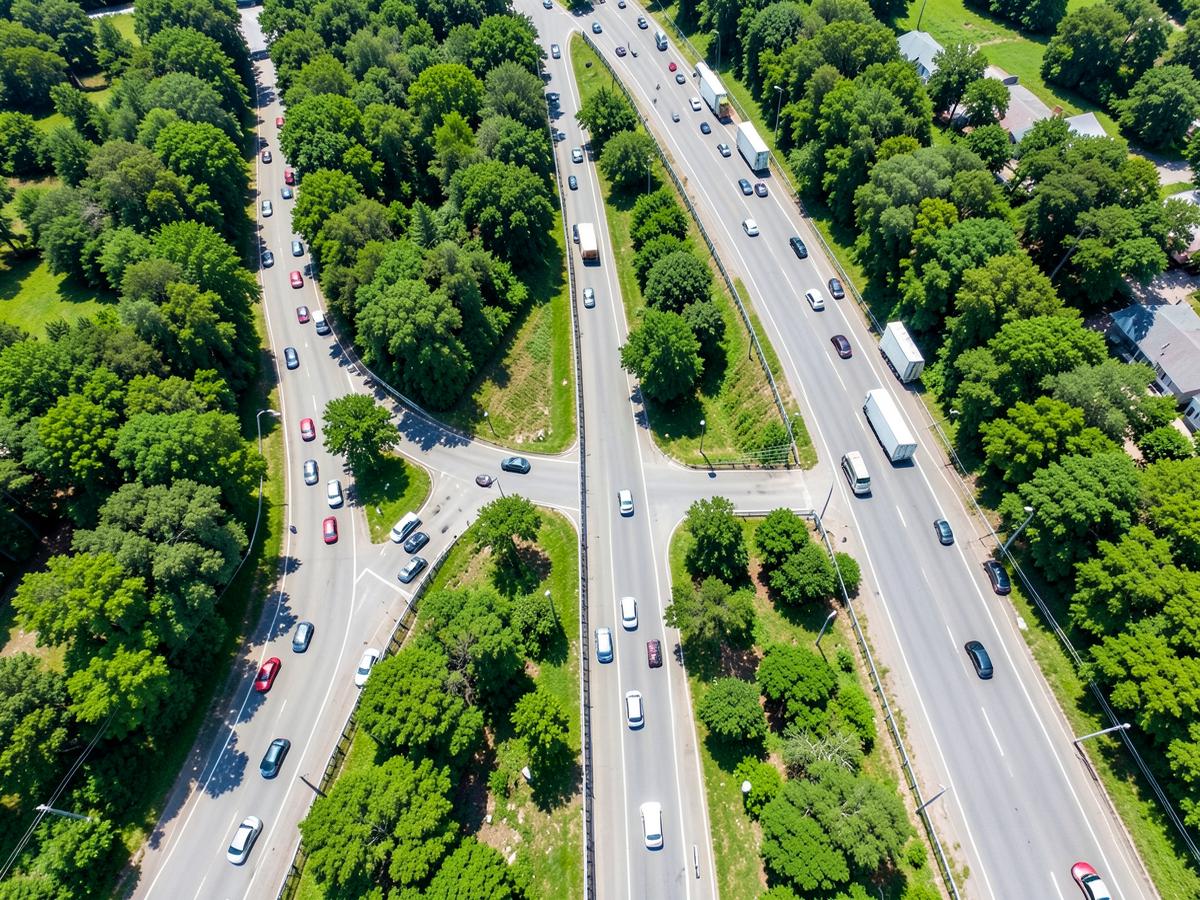 Vista aérea de una autopista con vehículos monitoreados