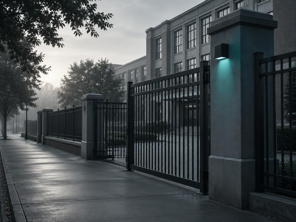 Reja y entrada de un colegio en la mañana