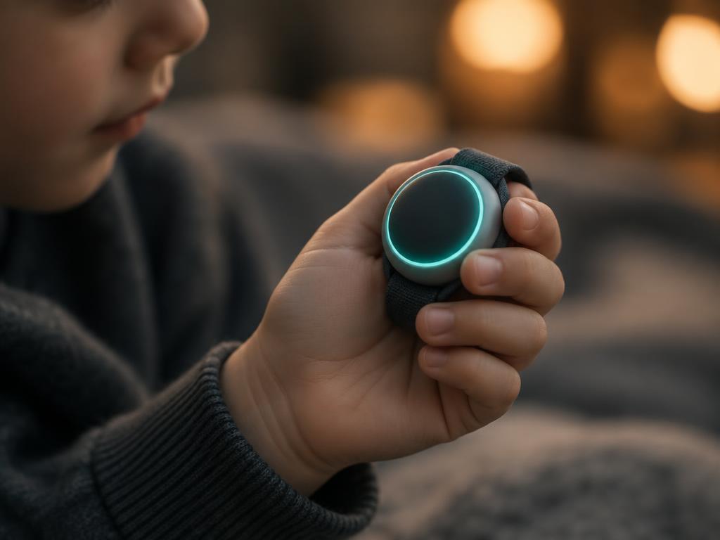 Mano de un niño sosteniendo un dispositivo redondo con brillo teal