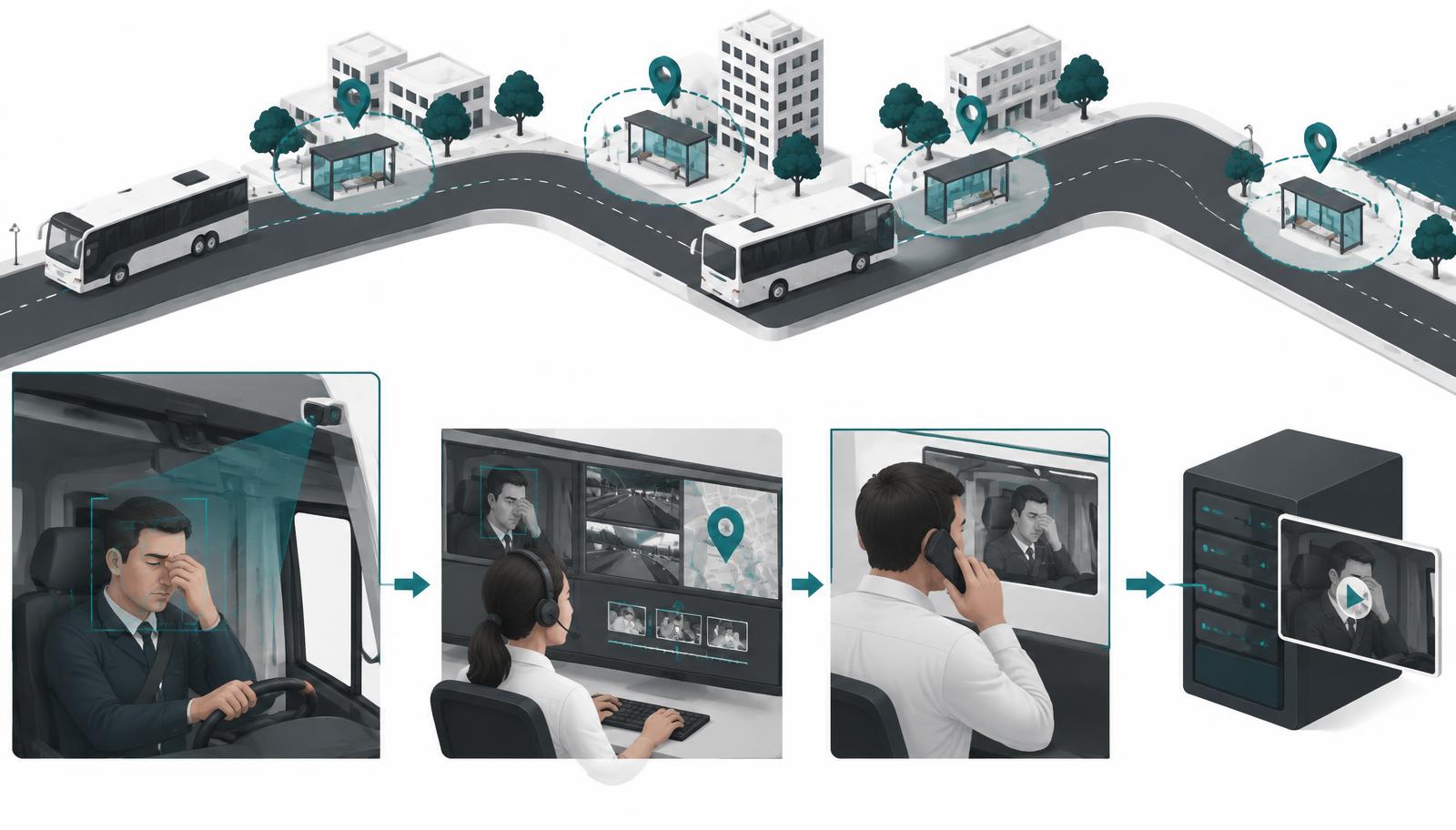 Diagrama de un trayecto de bus con geocercas y flujo de atención de eventos