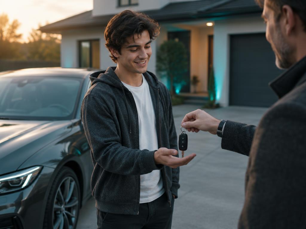 Joven recibiendo las llaves del carro en la entrada de una casa