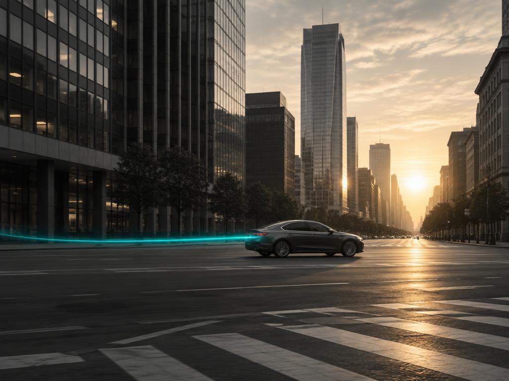 Carro cruzando una avenida al atardecer con estela de luz teal