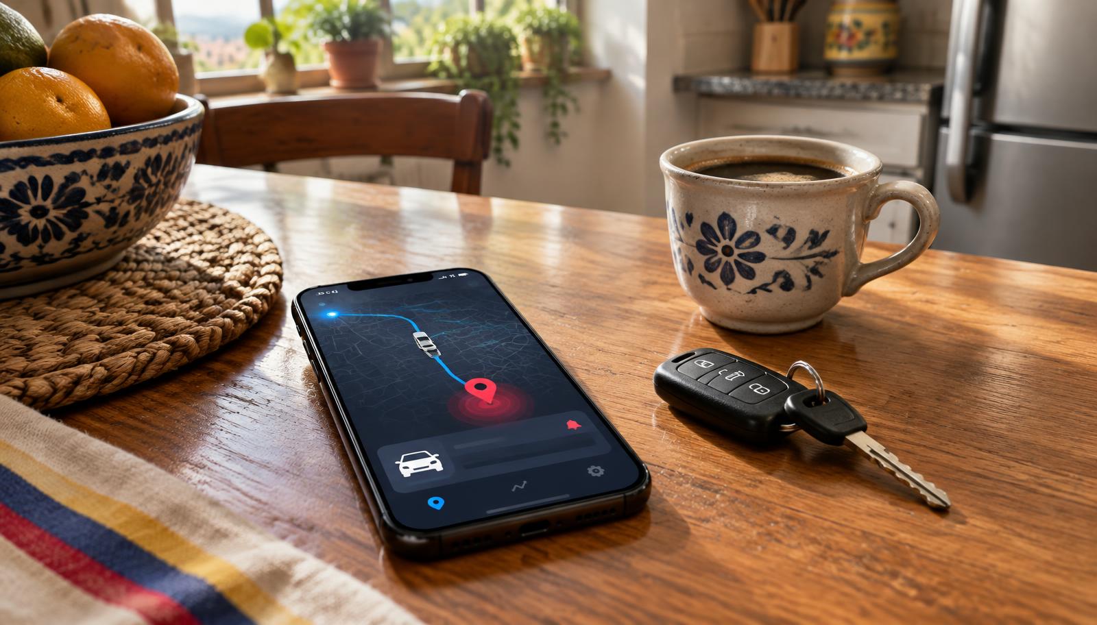 Celular sobre una mesa mostrando la ruta del carro en la app