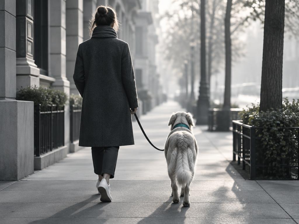 Persona paseando a un perro por una acera urbana