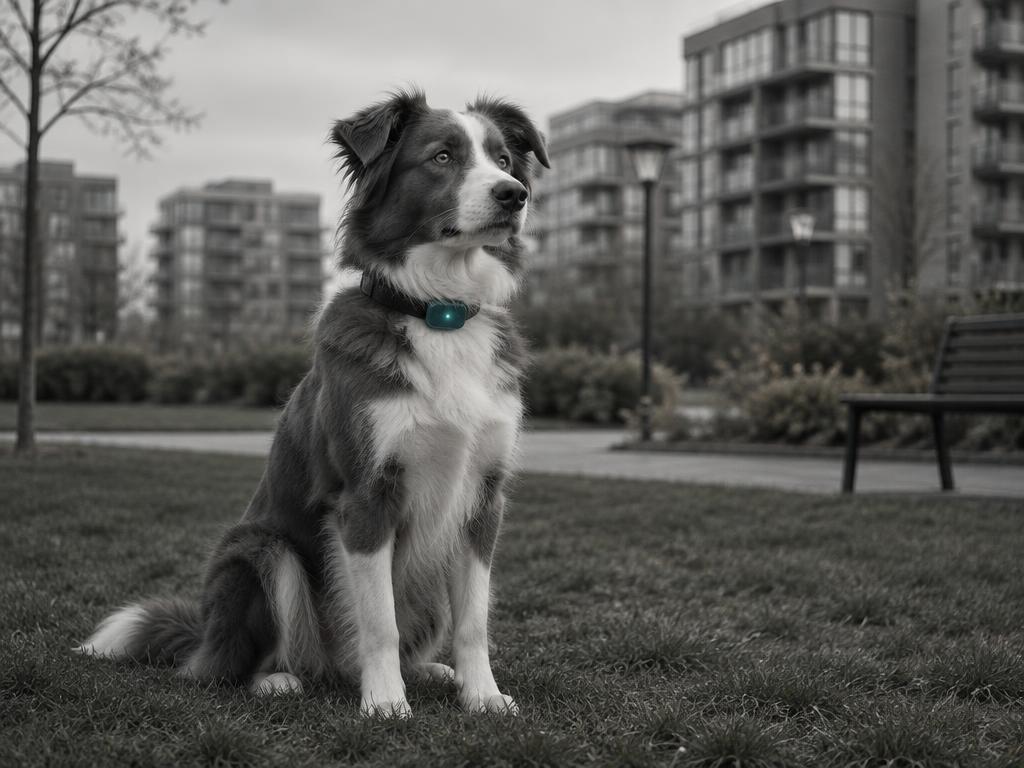 Perro sentado en un parque de la ciudad con rastreador en el collar