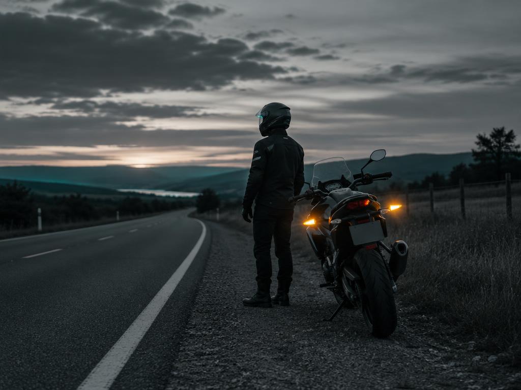 Motorizado detenido en la vía rural al anochecer pidiendo ayuda