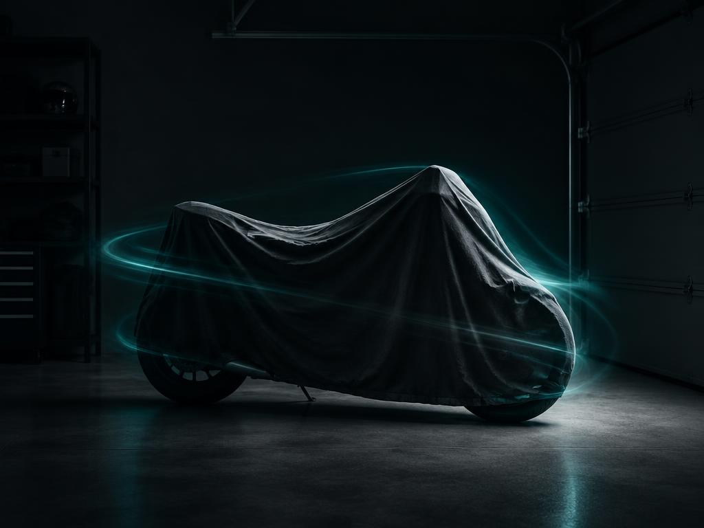 Moto tapada en un garaje oscuro con brillo teal de movimiento