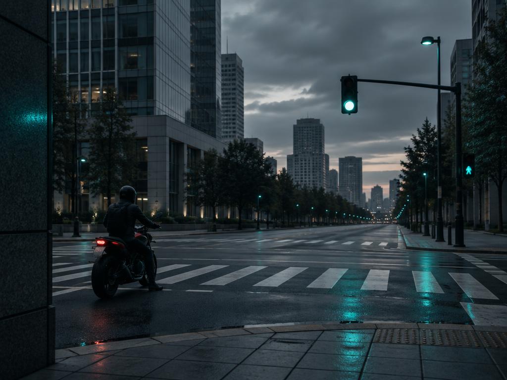 Cruce urbano nocturno con una moto esperando el semáforo