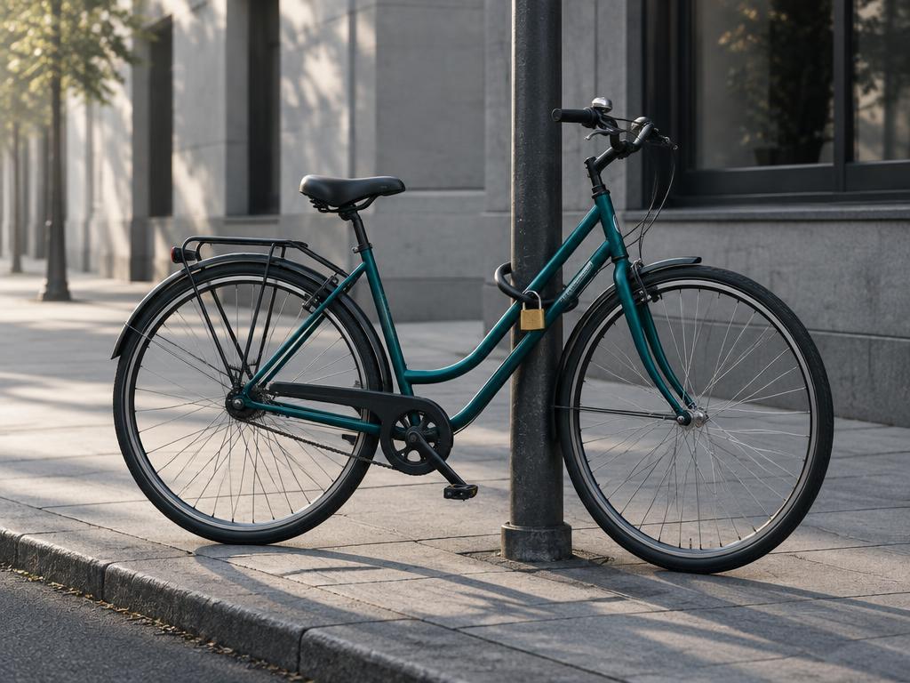 Bicicleta amarrada a un poste en una acera urbana