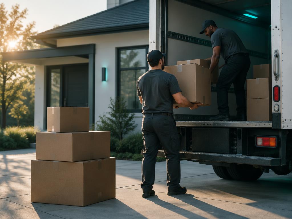 Cajas subiéndose a un camión de mudanza frente a una casa